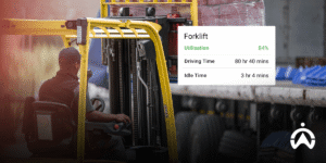 Workers operate a yellow forklift in a warehouse with usage statistics showing the role of GPS trackers in benefiting the logistics business through utility data.