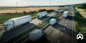 Pandangan udara truk dan van di jalan tol untuk automasi fleet management yang efisien.