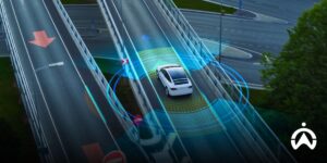 Aerial view of cars with digital radar system and GPS fleet tracker to monitor traffic flow and transportation safety.
