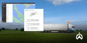 Truk pengiriman di jalan pedesaan dengan antarmuka digital fleet management system untuk meningkatkan kepuasan pelanggan melalui pelacakan real-time.