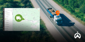 Tampilan udara truk dengan marker lokasi digital pada peta real-time untuk efisiensi fleet management system.