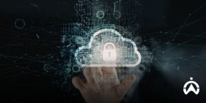 Ilustrasi tangan menyentuh hologram gembok digital untuk keamanan data dalam digitalisasi administrasi armada berbasis cloud.