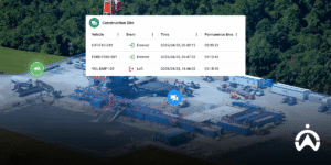 Pemandangan udara situs konstruksi dengan data telematika manajemen armada tambang yang menunjukkan durasi dan arus keluar-masuk kendaraan di Indonesia.