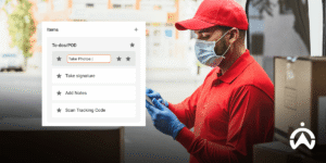 Couriers in red uniforms scan packages using a digital app to streamline delivery fleets as demand increases.