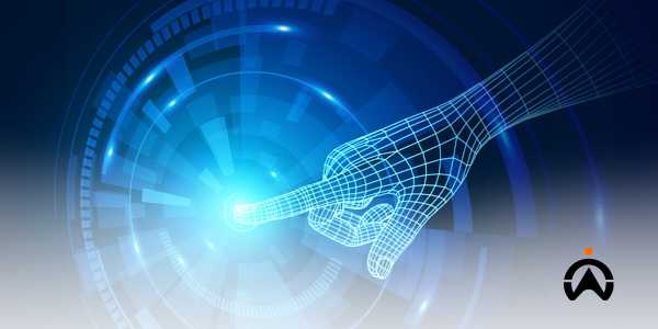 Tangan_wireframe_menyentuh_antarmuka_digital_biru_visualisasi_pengaruh_IoT_dalam_sistem_manajemen_armada_logistik