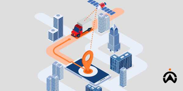 Navigasi armada truk menggunakan aplikasi GPS tracker di smartphone saat melintasi gedung perkotaan.