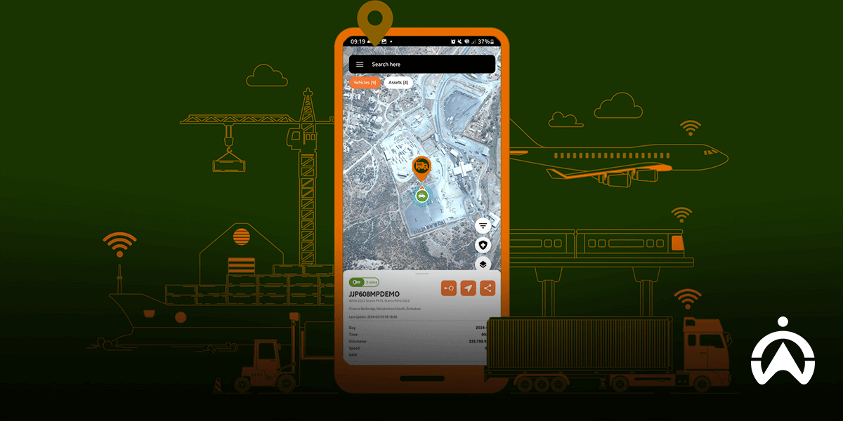 Telefon pintar memaparkan peta satelit dengan penjejakan kenderaan, menunjukkan teknologi pintar terkini dalam industri transportasi