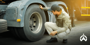 Pria sedang memeriksa ban truk besar sebagai bagian dari perawatan kendaraan dengan Cartrack untuk memastikan performa armada tetap optimal.