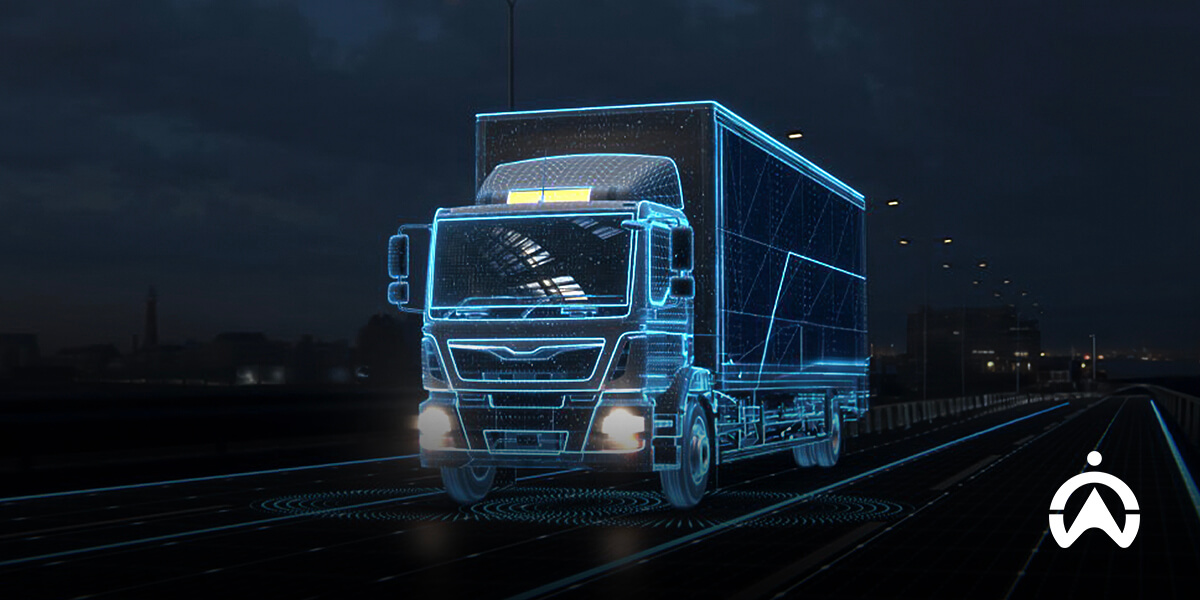 Model wireframe digital truk di jalan raya, visualisasi pentingnya teknologi dalam pelatihan mengemudi lanjutan.