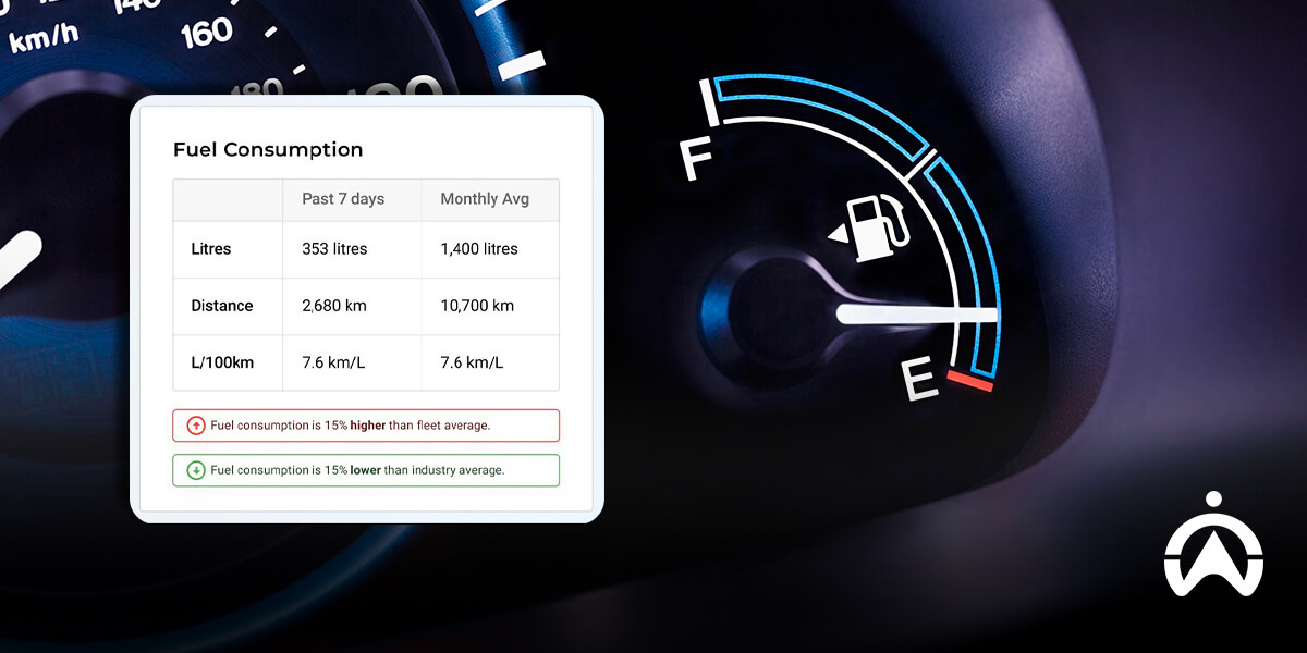 Dasbor indikator bensin dan tabel statistik konsumsi bahan bakar pada perangkat fuel management system.