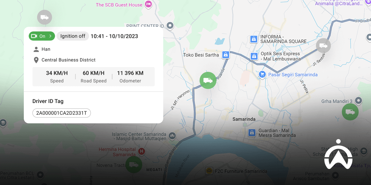 Tampilan peta sistem navigasi GNSS yang menampilkan detail kecepatan, odometer, dan lokasi kendaraan secara real-time.