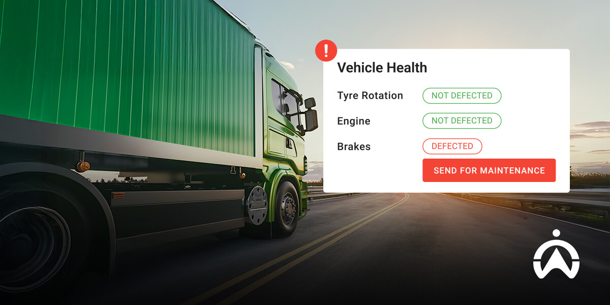 Truk kargo hijau di jalan raya dengan notifikasi kerusakan rem sebagai contoh penggunaan teknologi Internet of Things (IoT) pada kendaraan.