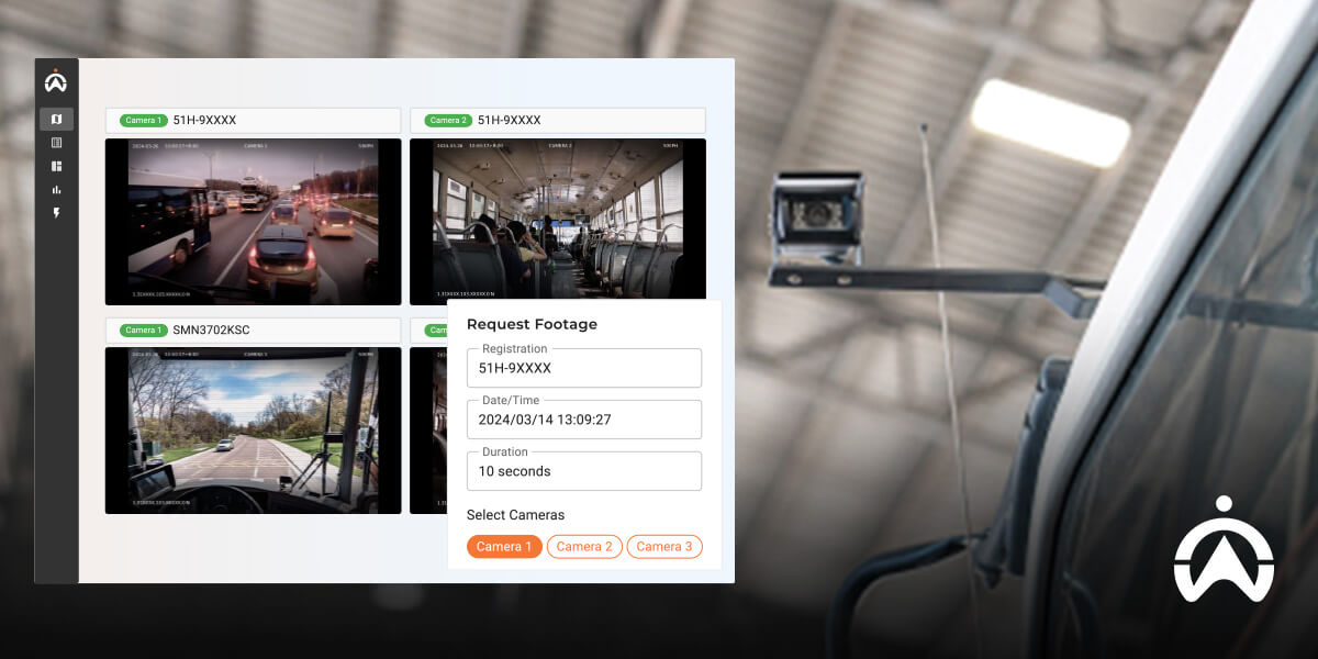 Kamera pengawas luar pada bus yang terhubung ke sistem MDVR untuk pemantauan armada secara real-time.