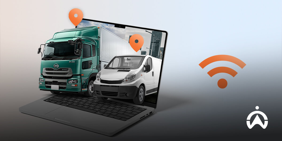 Ilustrasi pelacakan kendaraan dengan truk dan van keluar dari layar laptop, menggambarkan solusi saat GPS tidak akurat.