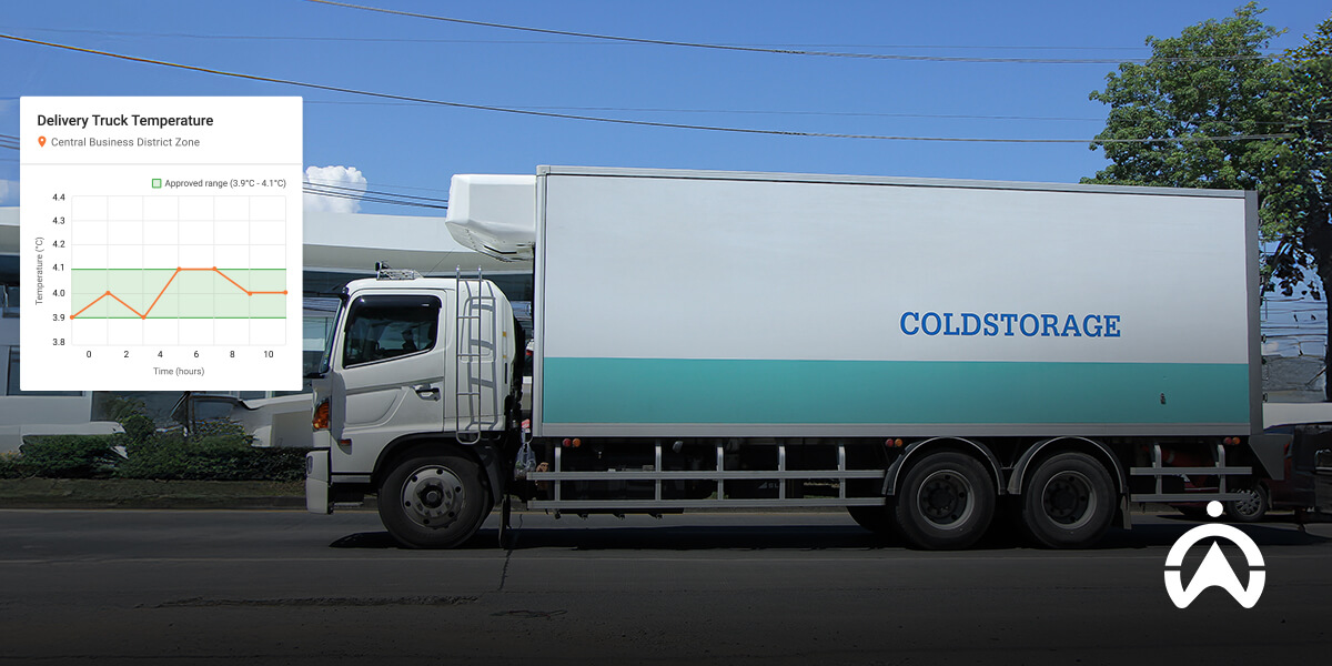 Truk logistik cold-chain parkir di jalan dengan grafik pemantauan suhu dari temperature sensor armada.