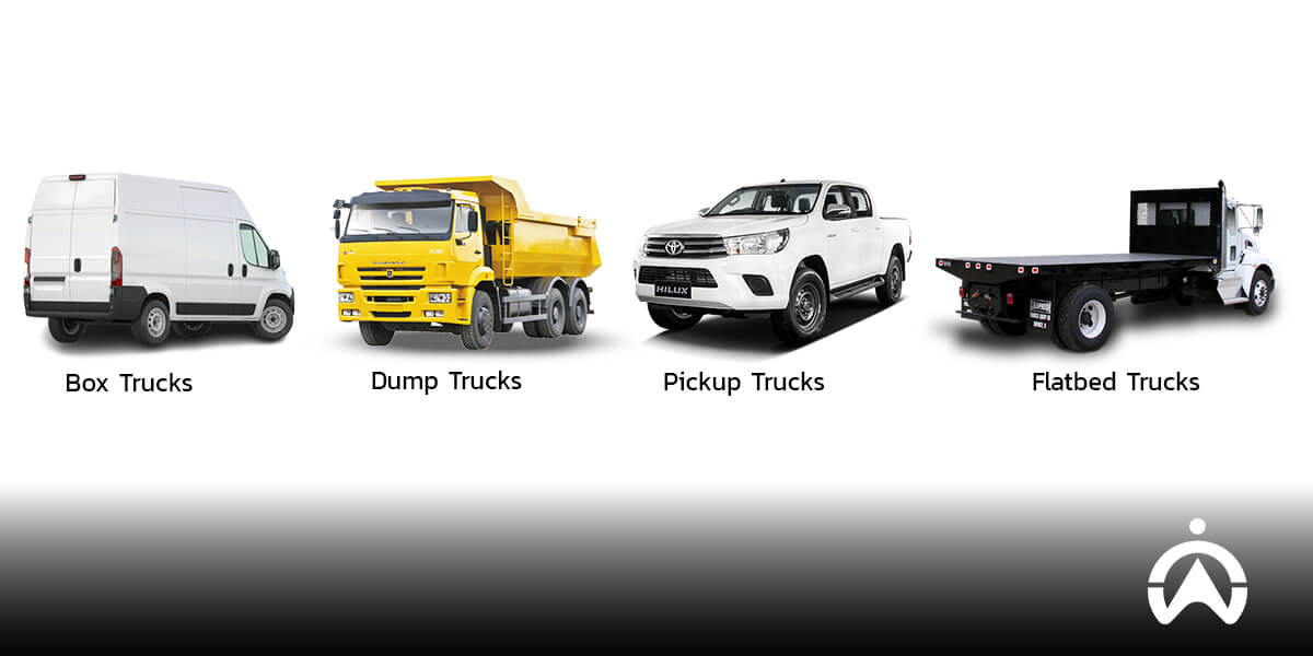 Empat jenis-jenis truk berdasarkan fungsi dan konfigurasinya, termasuk truk boks, truk jungkit (dump truck), pikap, dan flatbed dengan latar belakang putih.