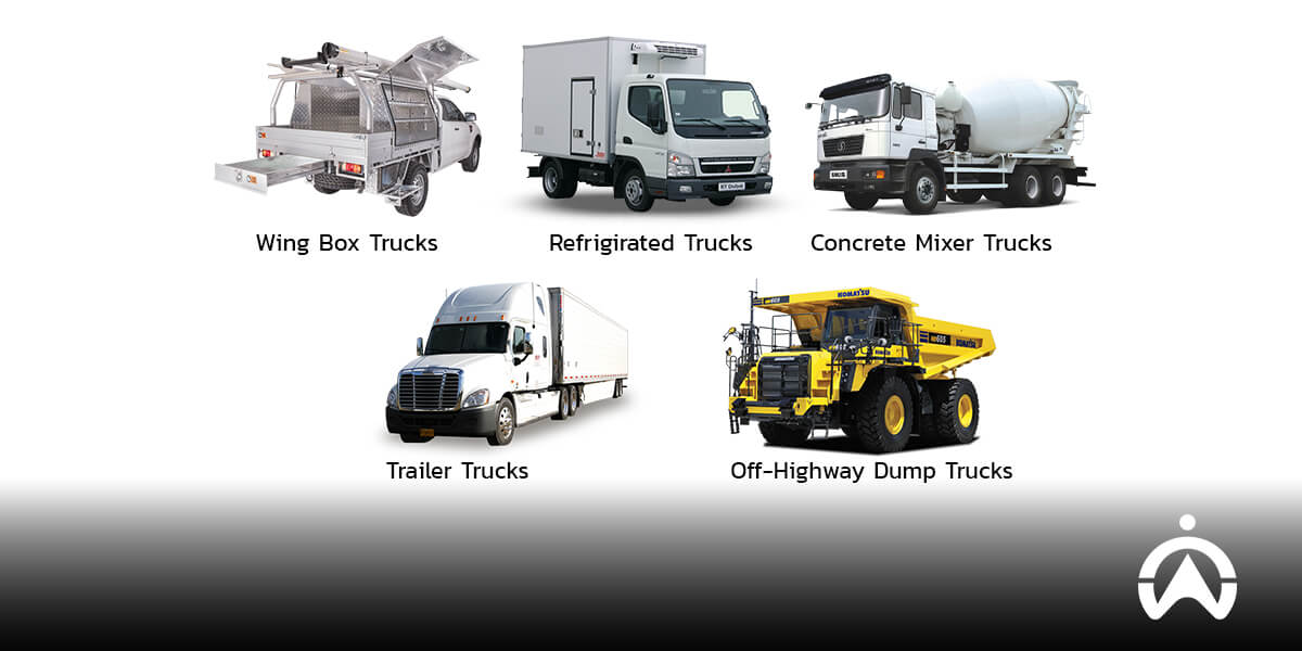 Ilustrasi berbagai jenis-jenis truk berdasarkan fungsi dan konfigurasinya, mulai dari wing box, truk molen, hingga trailer.