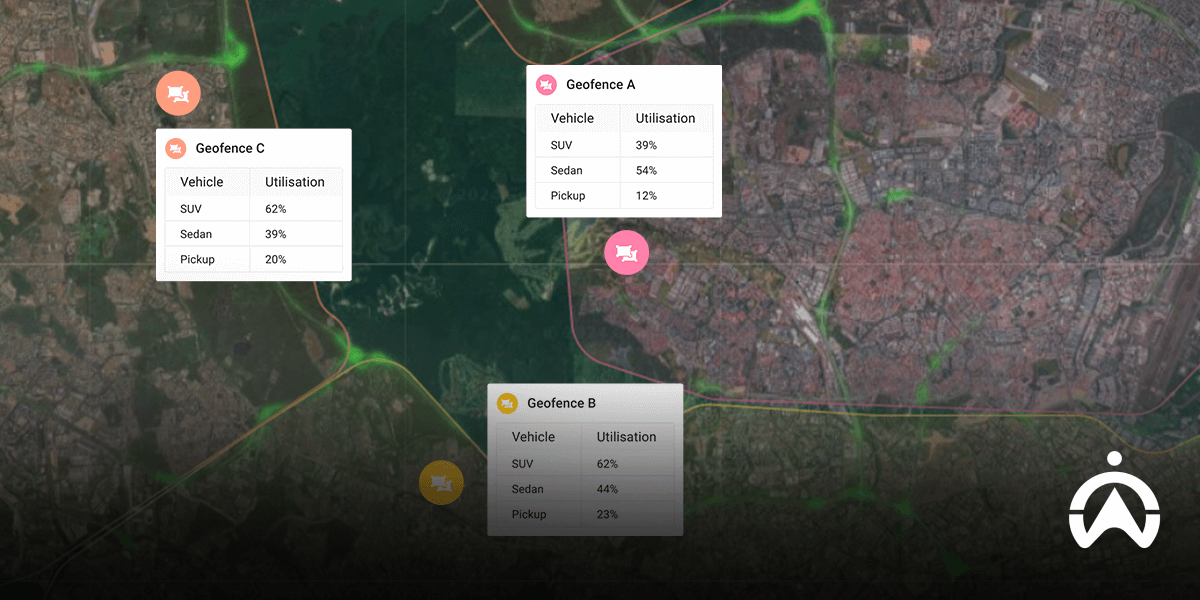 Tampilan peta satelit geofence pada aplikasi fleet management system untuk memantau utilitas kendaraan SUV dan pickup.